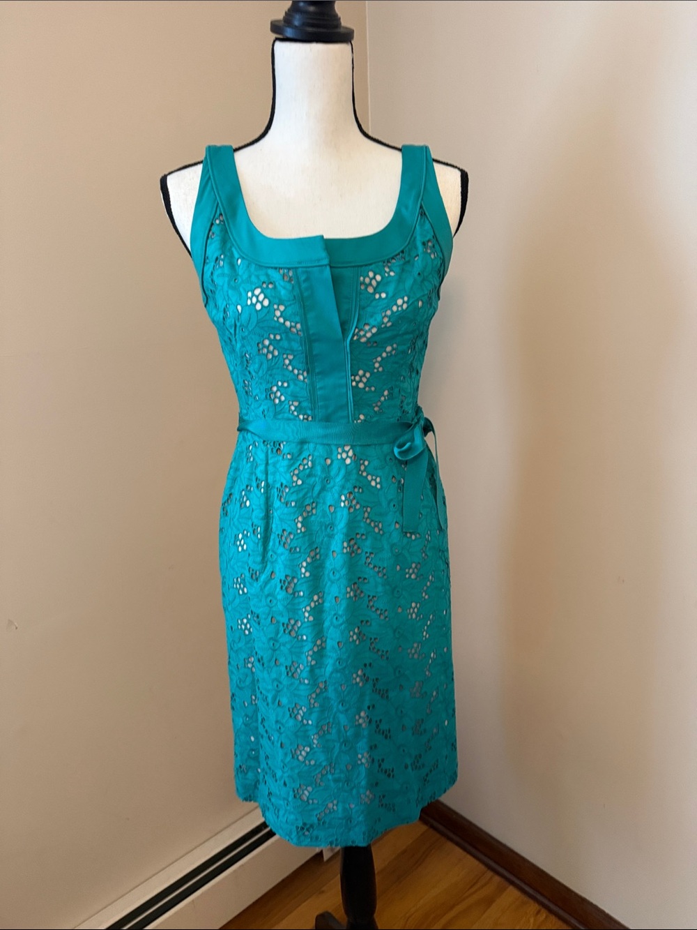 Tahari Eyelet Overlay Sheath Dress with Tie Waist